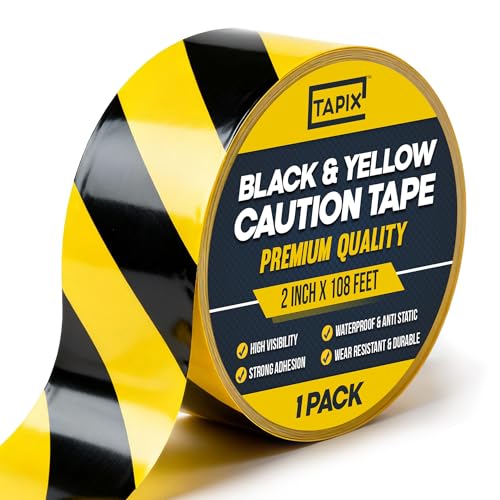 Tapix 2 Inch x 108 Feet Black & Yellow Tape Roll - Safety Stripe Waring Tape for Floor - Highly Adhesive Waterproof Hazard Tape for Floors, Walls, Staircase, Pipes, Equipment, Dangerous Area