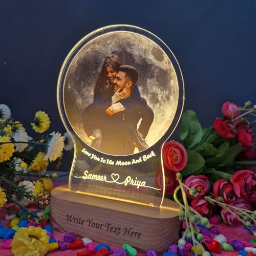 Image of Moon LED Photo Lamp with Wooden Base | Custom Couple Picture Night Light with Name Engraving | Romantic Gift for Anniversary, Wedding, Valentine, Birthday Brother Sister