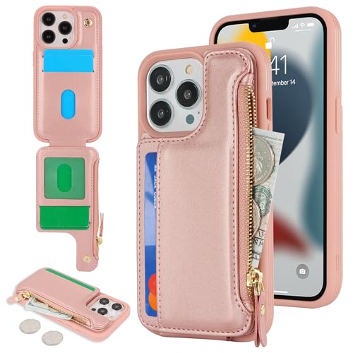 Image of Cavor for iPhone 13 Pro Case with Card Holder,for iPhone 13 Pro Wallet Case for Women Men,Leather Magnetic Clasp Zipper Pocket Protective Phone Cover-Rose Gold