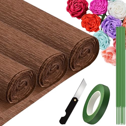 3 Rouleaux de Papier Crépon Marron - 25 x 250cm, DIY Flowers Crafts, Papier Crepon pour Mariages,...