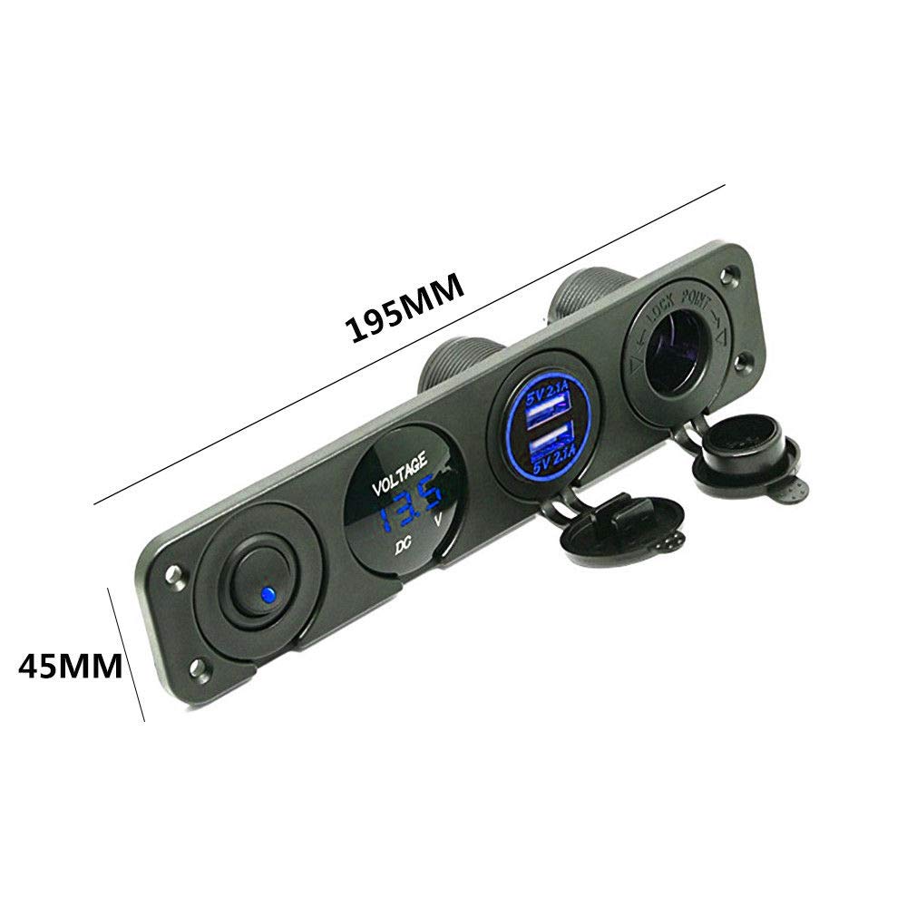 MASO Panel gniazda ładowarki 4 w 1, podwójna ładowarka USB 2,1 A i 2,1 A + woltomierz LED + gniazdo zasilania 12 V + przełącznik ON-OFF wodoodporny panel wielofunkcyjny do ciężarówki, przyczepy,