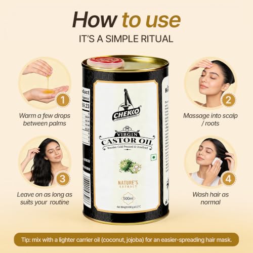 Image of Chekko Cold Pressed Castor Oil Edible (Arandi) 500ml | 100% Pure & Natural Wood Pressed Virgin Castor Oil for Hair & Skin Care, Body Massage | Moisturization & Wellness For Men & Women