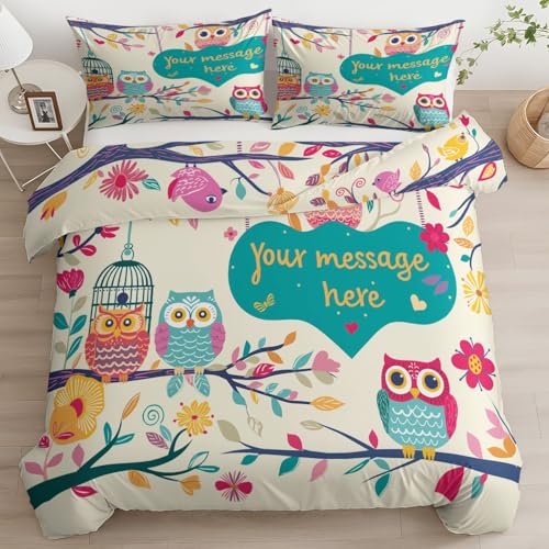 Quixora Housse de Couette Beige 200 x 220 cm Enfant, Set Lit 3 Pièces Imprimée, 1 Housse Couette + 2 Taies 65x65cm - Chouette Cartoon Cage à Oiseaux Fleurs...