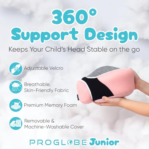 Image of Proglobe Junior Kids Travel Neck Pillow - Ergonomic Memory Foam Pillow for Airplane, Car, Booster Seat - Soft, Washable, Compact Travel Pillow with Strap - Light Pink - Ages 4-13