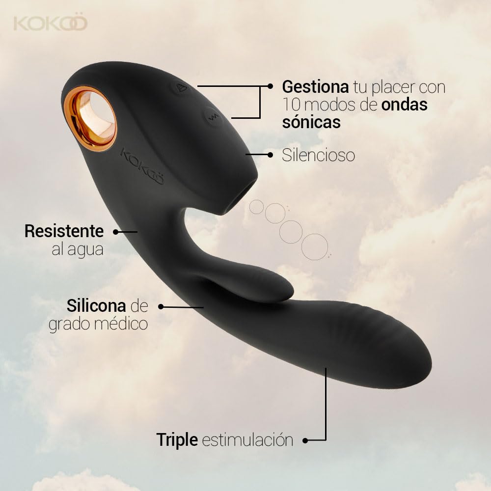 Kokoö Triple Vibrador con Ondas Sónicas (Clítoris + Punto G) Gina | 5 Intensidades y 10 Modos de Vibración | Silicona Médica, Recargable USB, Waterproof (Negro)