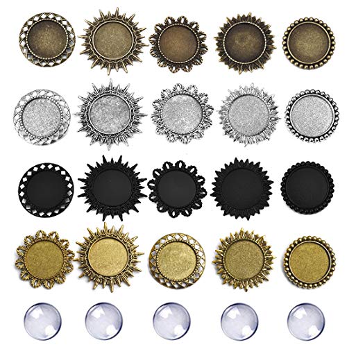 DROLE 40Pcs 25mm Cabochon Brooch Setting Kit-20Pcs Cabochon Frame Setting Tray Pin Back Brooches and 20Pcs 25mm Round Clear Glass Cabochons for Jewelry Making 4 Colors