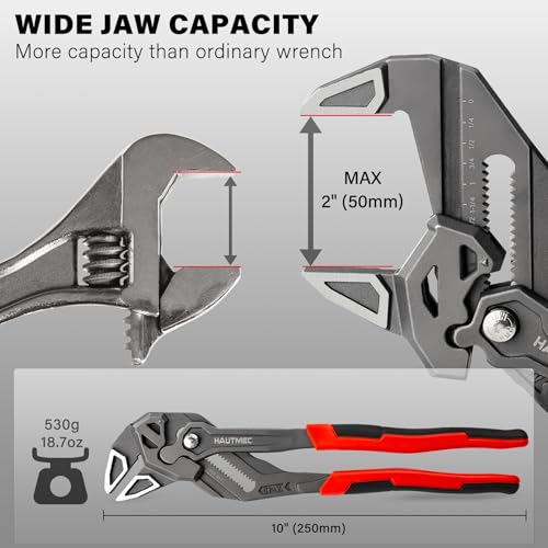 Image of HAUTMEC Adjustable Pliers Wrench, 10-Inch Smooth Jaw Parallel Pliers, Heat-Treated CR-V Steel & Phosphated Rust-Resistant, SAE /Metric Scale, Storage Belt Pouch for Professional Plumbing & DIY