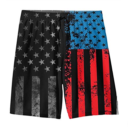 Teen Boys Breathable Swim Trunks Half Pants for Beach Outdoor Hiking - Retro Black American Flag and Distressed Flag with Baseball Gifts Quick Dry Board Shorts Bathing Suit with Side Pockets