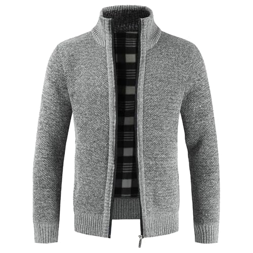 Men's Slim Fit Zipped Knitted Cardigan Classic Casual Long Sleeve Stand Collar Sweater Fleece Lined Warm Outwear (Lightgrey1a,Medium)