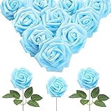 IPOPU 30pcs Baby Blue Roses Foam Flowers Artificial Roses with Stems, Fake Roses with Fake Flowers for DIY Wedding Bouquets Baby Shower Centerpieces Floral Party Home Décor (Light Blue)