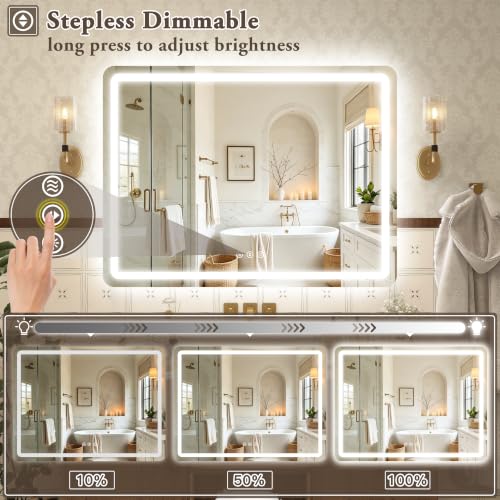 Image of 40 inch x 30 inch Led Bathroom Mirror with Lights, Anti-Fog & Tri-Color Lighting - Wall Mounted Shaving Mirror with Touch Sensor, Waterproof & Smart LED Vanity Mirror,Tempered Glass, Dimmable Smart Mirror