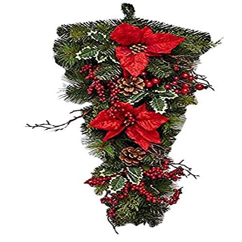 28″ Artificial Spruce Poinsettia Berry Christmas Teardrop Swag Seasonal Decor