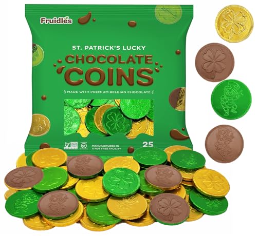 St. Patrick's Day Milk Chocolate Green & Gold Coin, 25 Coins, Shamrock & Leprechaun Themed...