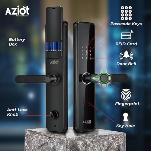 Image of Aziot Essence Digital Fingerprint Door Lock - High-Security Digital Keyless Entry with Fingerprint, Passcode, RFID, and Manual Key Access