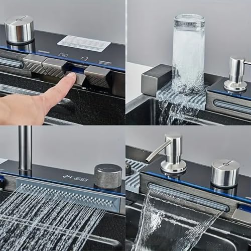 Image of Digital Kitchen Sink with 5-Piano Switch|304 Grade Stainless Steel Sink with Waterfall&Pull-down Faucet|LED Digital Display & RO Tap|360 Pull-out Faucet|Hot & Cold Control Handwheel (30x18x9 Inch)
