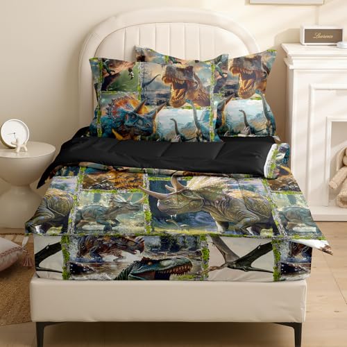 Image of Kids Comforter Set,Zipper Bedding Twin for Boys,3D Dinosaur Printed Comforter Set with Dinosaur Fitted Sheets and Pillowcases for All Season(3D Dinosaurs)