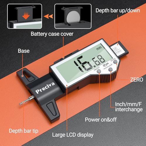 Image of Preciva Tire Tread Depth Gauge & Brake Lining Gauge Set, Digital Tire Depth Gauge with Large LCD Display and Inches, Millimeters, Fraction Conversion, for Tread Depth, Brake Shoe and Pad Wear