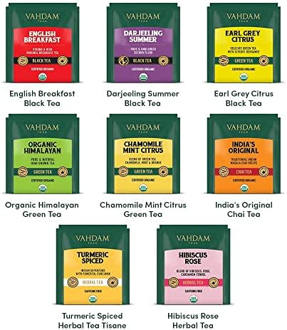 VAHDAM, Assorted Tea Bag Sampler (8 Tea Flavors, 40 Tea Bags Gift Sets) Valentines Gifts | Real Ingredients- Black Tea, Green Tea, Oolong Tea, Chai Tea, Herbal Tea | Tea Bags Variety Gift Box