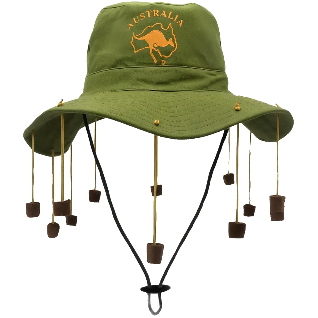 ANZEE Australian Hat with Hanging Corks Classic Outback Design for Adults Featuring Kangaroo Print Ideal for Sun Protection & Australia Day & Fancy Dress Events (One Colour, Pack of 4)