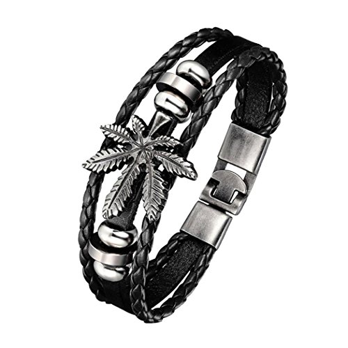 ALCYONEUS Vintage Punk Kunstleder Armband für Männer Frauen Ahornblatt Charm Armreif Manschette (schwarz) Cover