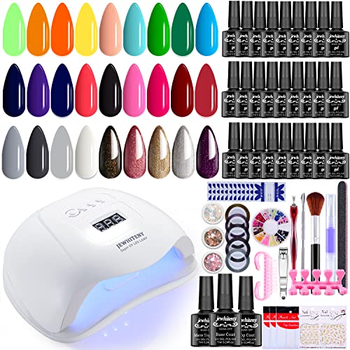 JEWHITENY Gel Nail Polish Kit with U V Light - 120W U V LED Nail Lamp, Gel Nail Polish Set with No Wipe Glossy Top & Matte top Coat Base Coat, 27 Colors Soak Off Gel Polish Nail Art Manicure Nail Tools