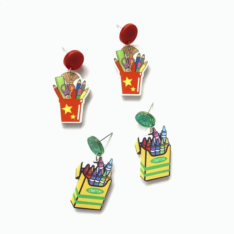 Teacher Earrings Wooden Crayons Pencil Drop Dangle Earring for Teachers Creative Cute Crayon Pencil Ruler Crayon Box Stud Earring Teachers Appreciation Day Jewelry Gifts Back to School-2 pairs2