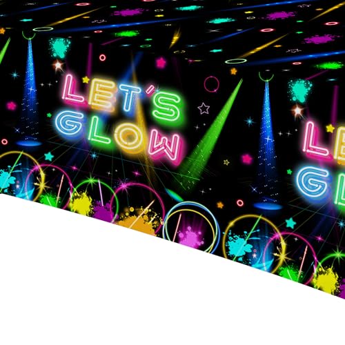 Image of Neon Glow Birthday Party Decorations Tablecloth, 3Pcs Disposable Glow in The Dark Party Tablecover Supplies, Neon Graffiti Theme Party Decorations Table Cloth, 86in x 55in
