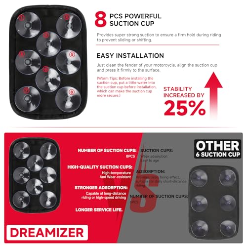 Image of DREAMIZER Universal Black Motorcycle Solo Passenger Seat Rear Cushion 8 Suction Cups Compatible with Harley Sportster XL 883 1200 Forty Eight Dyna Chopper Bobber Custom (Black-Vintage)