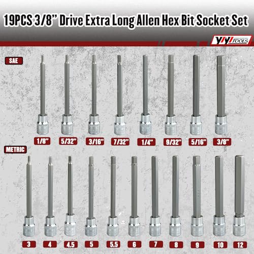 Image of YIYITOOLS 19pcs Extra Long Hex Bit Socket Set, 3 /8 Inch Drive Allen Hex Bit Socket Set, S2 Alloy Steel, SAE (1 /8 Inch - 3 /8 Inch) and Metric (3-12mm),Heavy Duty Cr-V Sockets Set