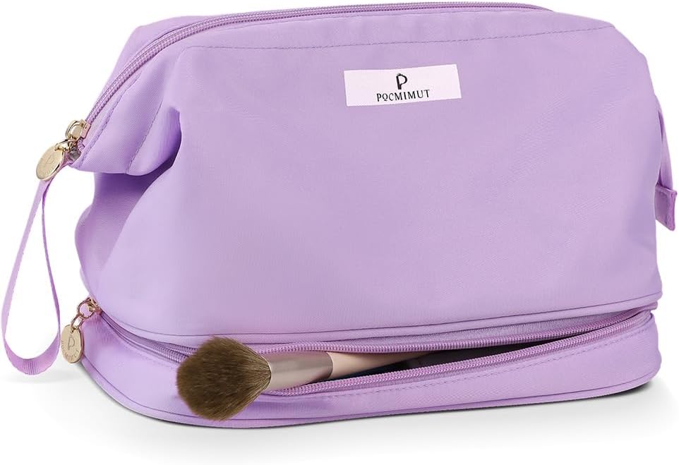 PocmimutMakeup Bag,Travel Cosmetic Bags for Women, Large Wide-open Double Layer Toiletry Bag Make Up Organizer Case for Toiletries Accessories Brushes (Purple)