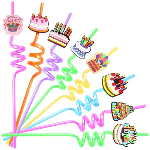 24 Pieces Reusable Birthday Plastic Straws for Birthday Party Supplies Birthday Party Decorations Glitter Cake Straw Drink Straw