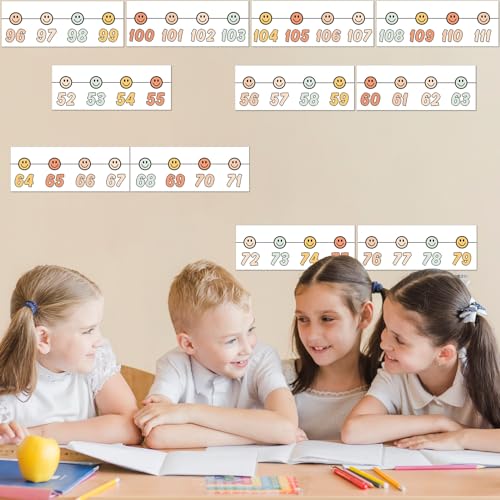 Image of Whaline 32 Pcs Boho Number Line Bulletin Board Colorful Smile Face Number Line Boarder Strips Math Borders for Home Back to School Classroom Wall Decor