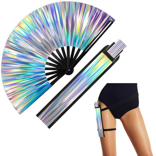 Image of FairySandy Large Rave Fan UV Glow Clack Summer Hand Fan with Thigh Holster for Women Carnival Party Supplies for Carnival Edm Music Festival Club Accessories(Laser,Laser Color)