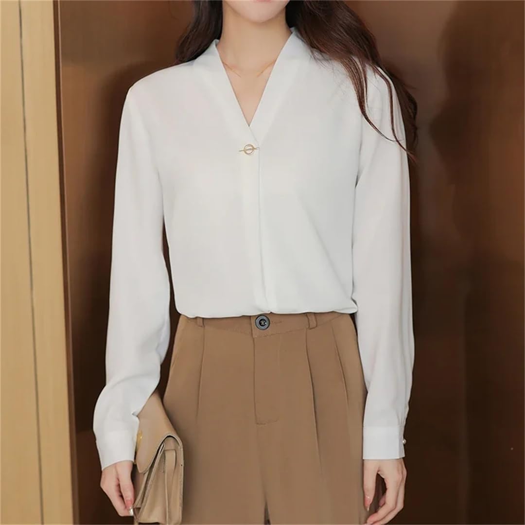 Camicia da donna in chiffon, con scollo a V, a maniche lunghe, stile vintage