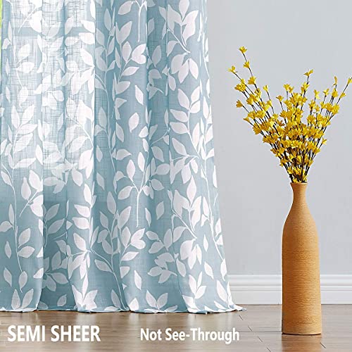 Image of Treatmentex Blue White Curtains for Living Room 63 inch Length Leaves Print Semi-Sheers Curtains for Windows, Grommet Top, 2 Pack