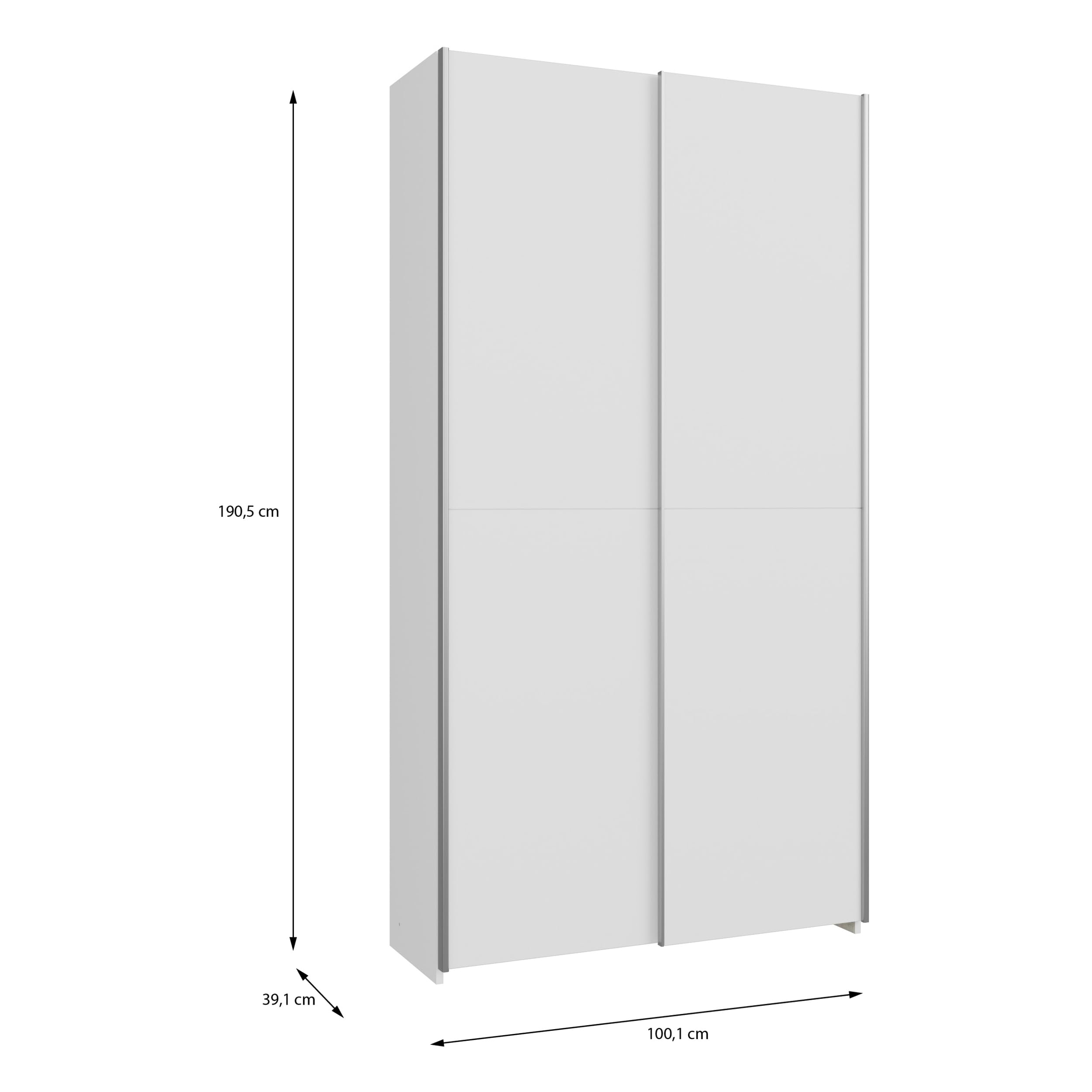 Forte Home Nook Merhzweckschrank 100 40, moderner Schwebetürenschrank mit 2 Türen, schmal, Flur, Holzwerkstoff, Weiß, 100,1 cm breit x 190,5 cm hoch x 39,1 cm tief