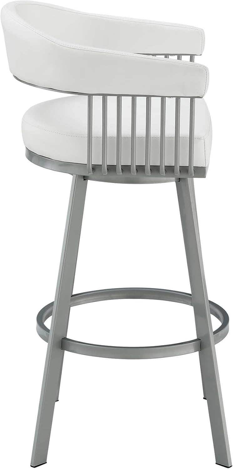 Armen Living Chelsea 25" Counter Height Swivel Bar Stool in Silver Finish and White Faux Leather
