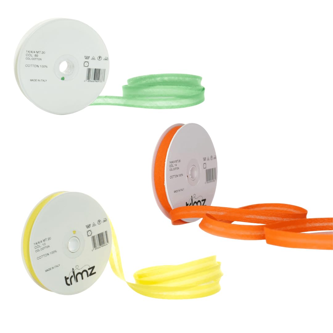 Trimz Summer Citrus Trio (Vibrant Orange, Yellow & Apple Green) - 3-Pack 100% Cotton Bias Binding Tape (14mm) - 60 Meters Total - Bright Narrow Edging for Kids' Clothes, Bunting & Summer Crafts