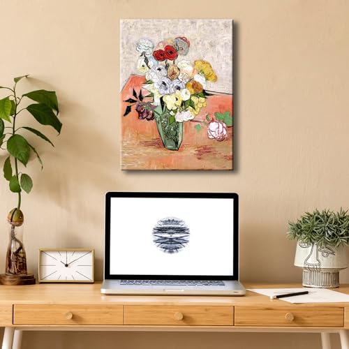 Image of Pyradecor Abstract Flowers Canvas Prints Japanese Vase with Roses and Anemones by Vincent Van Gogh Oil Paintings Reproduction Artwork for Home Office Bedroom Decorations