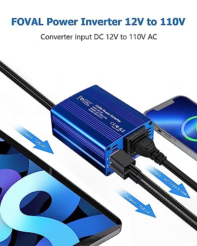 FOVAL 150W Car Power Inverter 12V DC to 110V AC Converter Vehicle Adapter Plug Outlet with 3.1A Dual USB Car Charger for Laptop Computer (Classic Blue)