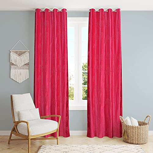 Image of Polyester Premium Tree Design Punching Screen for Home Office | Parda for Living Room Bedroom | Window Curtains 5 feet Long Set of 1 | Eyelet Rings | Pink Curtains