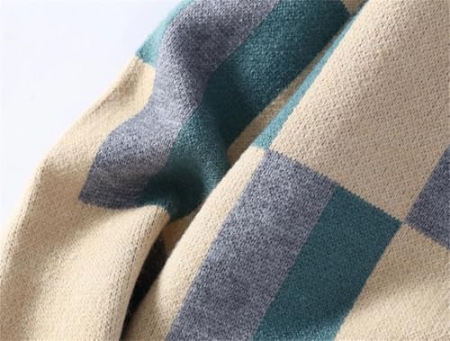 Men's Mock Neck Knit Sweater Plaid Knitted Pullovers Loose Warm Sweaters3