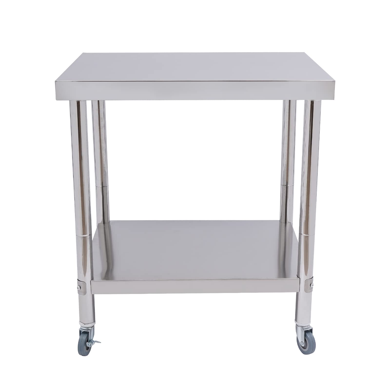 OUKANING Carrello da portata in acciaio inox, 2 piani, tavolo da lavoro, cucina in acciaio inox, con ruote, per uso domestico/commerciale, capacità di carico 300 kg, tubo rotondo 5 cm (dimensioni: 76