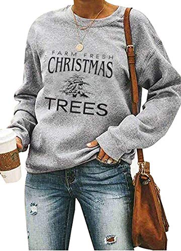 Farm Fresh Christmas Trees Shirt Women Christmas Holiday Long Sleeve Letter Print Pullover Sweatshirt Gray