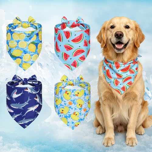 BINGPET Dog Cooling Bandana for Large Dogs 4 Pack Reusable Dogs Cooling Scarf Towels Chill Out Instant Dog Cooling Neck Wrap with Cute Fruits Shark Duck Pattern for Summer Hot Days