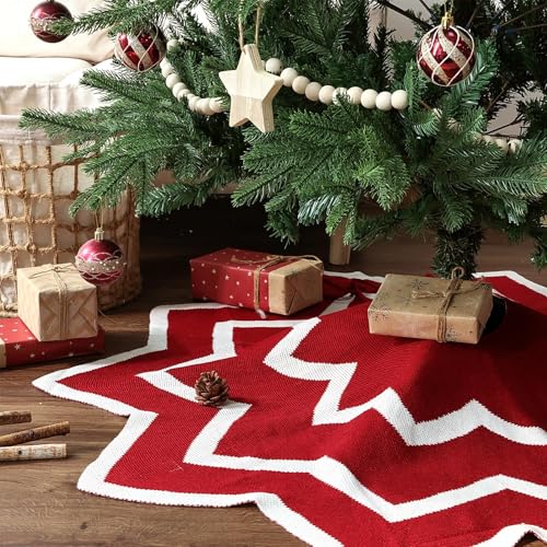 LimBridge Knitted Christmas Tree Skirt: 48 Inch Red & White Striped Polygon Chunky Crochet Tree Skirt, Christmas Tree Decorations for Merry Christmas Home Décor Rustic Holiday Xmas Party Gifts
