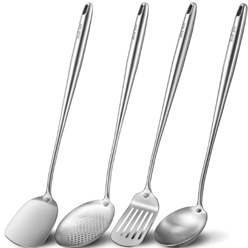 17inch Extra Long, Wok Spatula and Ladle,304 Stainless Steel Cooking Utensils Set, 4-Pieces Metal Heat Resistant Handle, Skimmer, Soup Ladle, Slotted Turner,Spatula