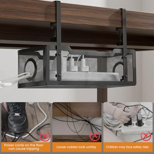 Image of Under Desk Cable Management Tray | Metal Mesh Cable Organizer with Clamp Mount | No Drill Wire Holder for Power Strip, Cord & Extension Board | Adjustable Desk Tray for Home & Office-Black