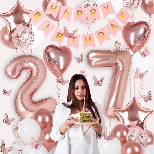 Image of Rose Gold 27th Birthday Decorations for Women, 27 Year Old Sign with Happy Birthday Banner, 40In Number 27 Foil Birthday Balloons, Butterfly Decorations, Heart and Star Balloons