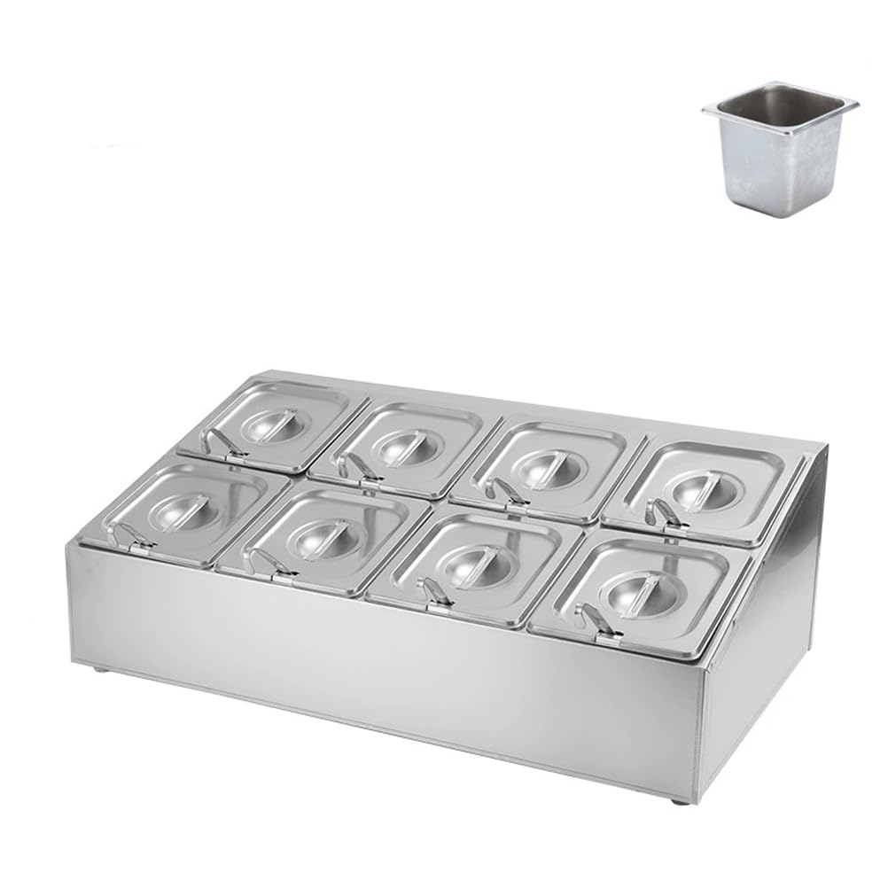 Estación De Ingredientes para Pizza con Bandejas Y Tapas,Dispensador Inclinado De Acero Inoxidable para Mostrador, Especiero, Estante para Condimentos,1/6,Dual 8Grid